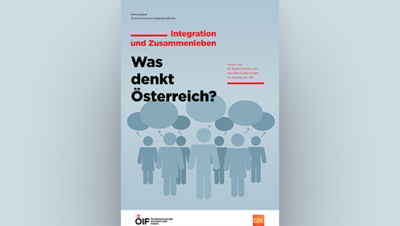 Titel: "Was denkt Österreich?" - Grafik zum Thema Integration und Zusammenleben mit stilisierten Figuren und Sprechblasen.