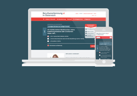 Website für Berufsanerkennung in Österreich, zeigt Informationen zur Bewertung von Abschlüssen und Ausbildungen.