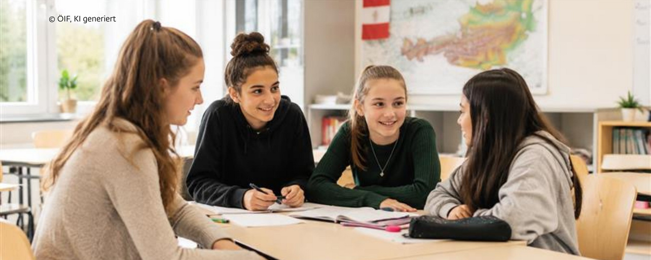 Das Bild zeigt vier Schülerinnen, die gemeinsam an einem Tisch in einem hellen Klassenzimmer arbeiten. Vor ihnen liegen Schulunterlagen und Schreibmaterialien. Die Jugendlichen sind miteinander im Gespräch und wirken aufmerksam und gut gelaunt. Im Hintergrund sind eine Österreichkarte sowie eine österreichische Flagge zu sehen.