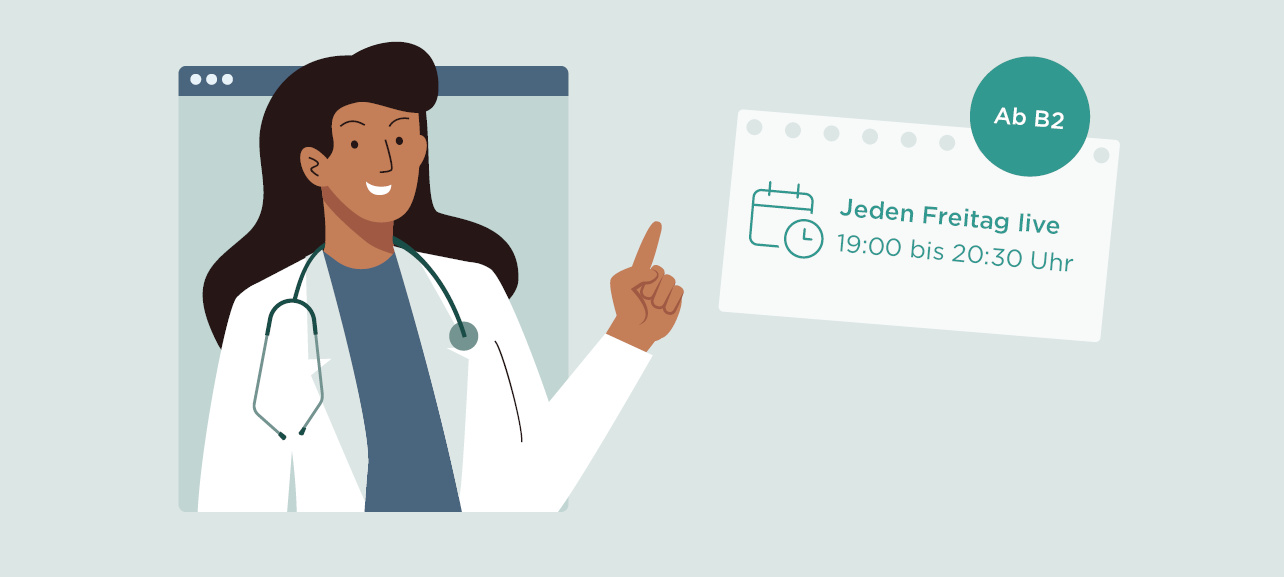 Eine lächelnde Ärztin kündigt eine wöchentliche Live-Sitzung an, jeden Freitag von 19:00 bis 20:30 Uhr.