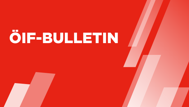 ÖIF-Bulletin auf rotem Hintergrund mit graphischen Elementen.