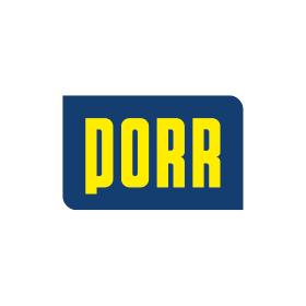 Logo der Firma PORR in gelben Buchstaben auf blauem Hintergrund.