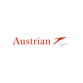Logo der Austrian Airlines mit dem Schriftzug "Austrian" in roter Schrift und einem stilisierten Flugzeugsymbol.