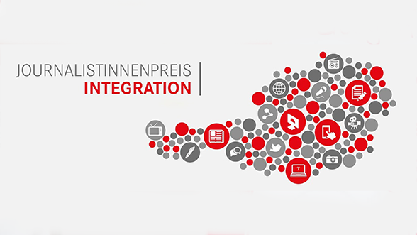Grafik mit dem Text "Journalistinnenpreis | Integration" und Symbolen zu Medien und Kommunikation in Österreich.